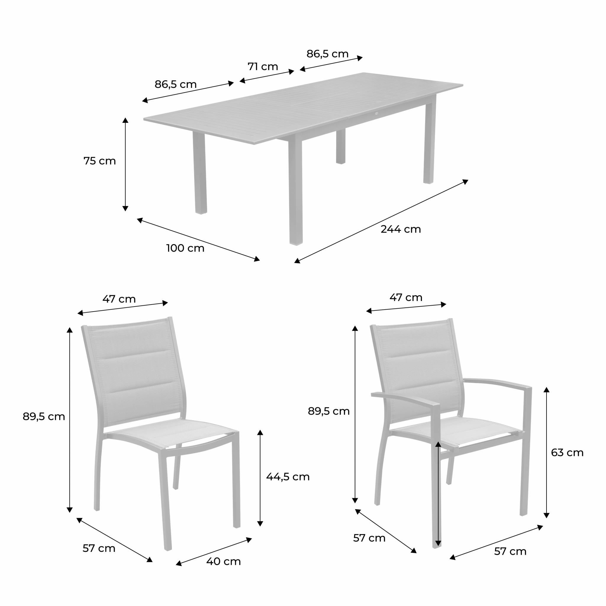 Table de jardin extensible aluminium + 8 assises - Chicago Blanc / Taupe - Table extensible 175/245cm avec rallonge et 8 assises en textilène - 9