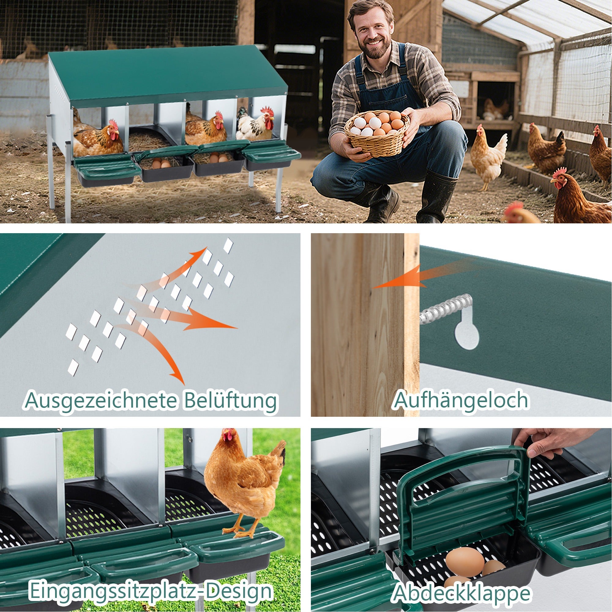 Ninho para galinhas com 4 compartimentos, pernas e cobertura de proteção para exterior em capoeiras e pátios, cor: verde - 4