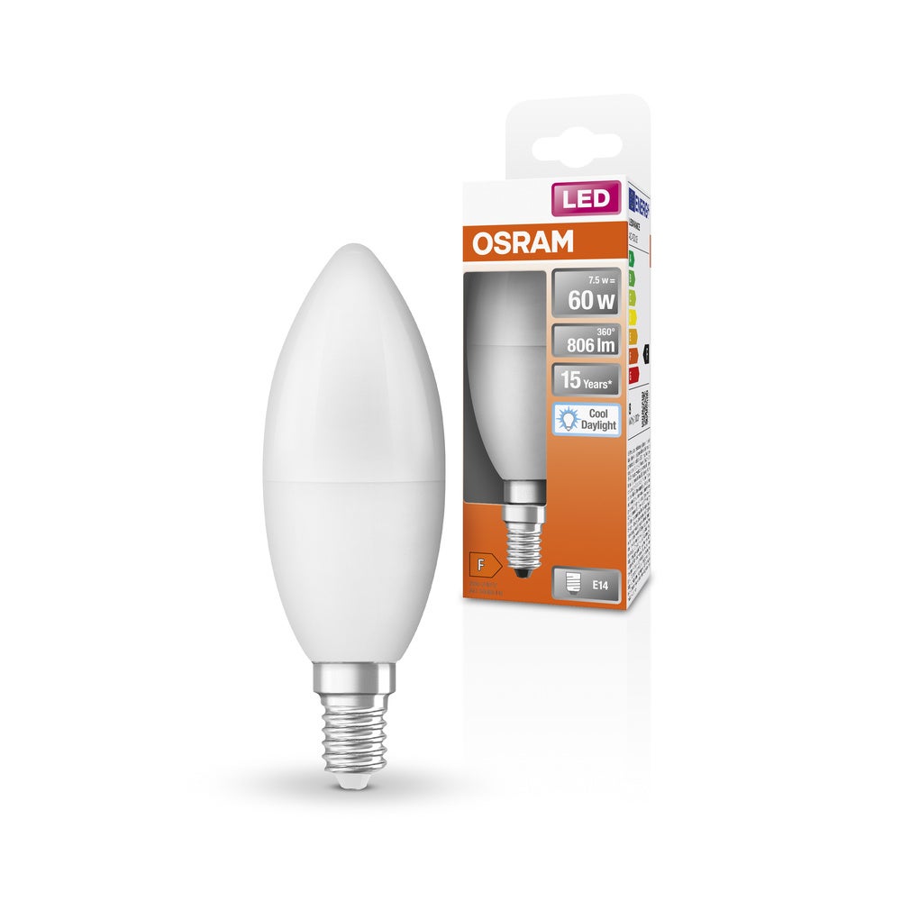 Ampoule LED Osram, forme classique de mini-tentes, remplacement de 60 watts, E14, B-Shape, 6500 Kelvin, Cold Daylight, Matt, Pack unique - 5