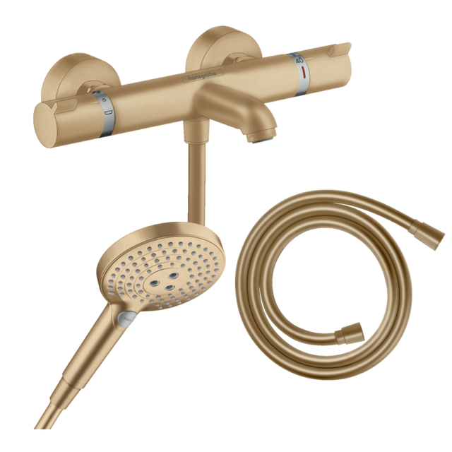 Pack mitigeur bain douche thermostatique HANSGROHE Ecostat Comfort + Flexible Isiflex + Pommeau Raindance Select 3jets bronze