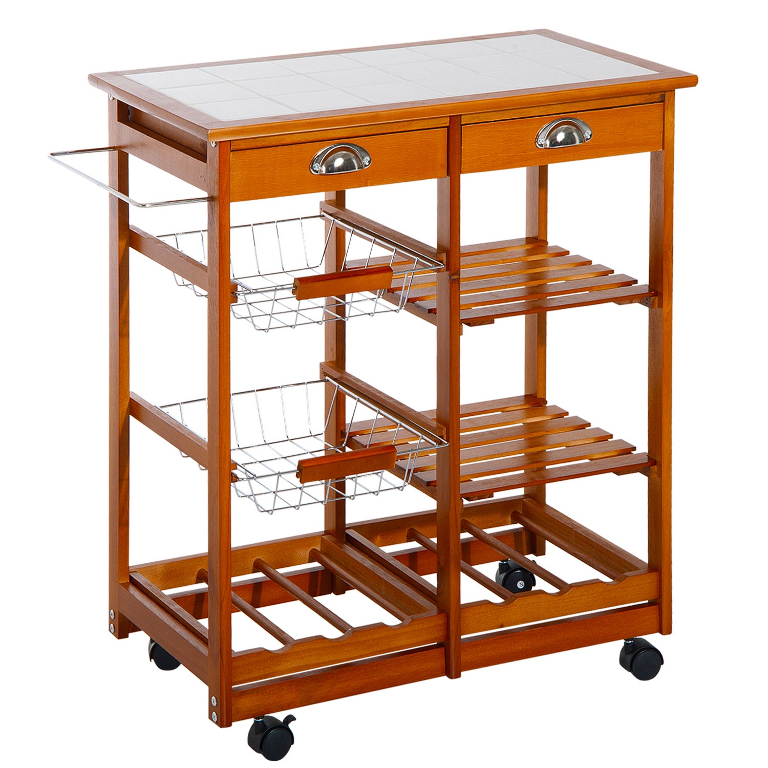 Carrello Da Cucina In Legno Di Pino HOMCOM, 74x37x76 Cm, Nero, Con 2 Cestelli, Cassetti E Portabottiglie