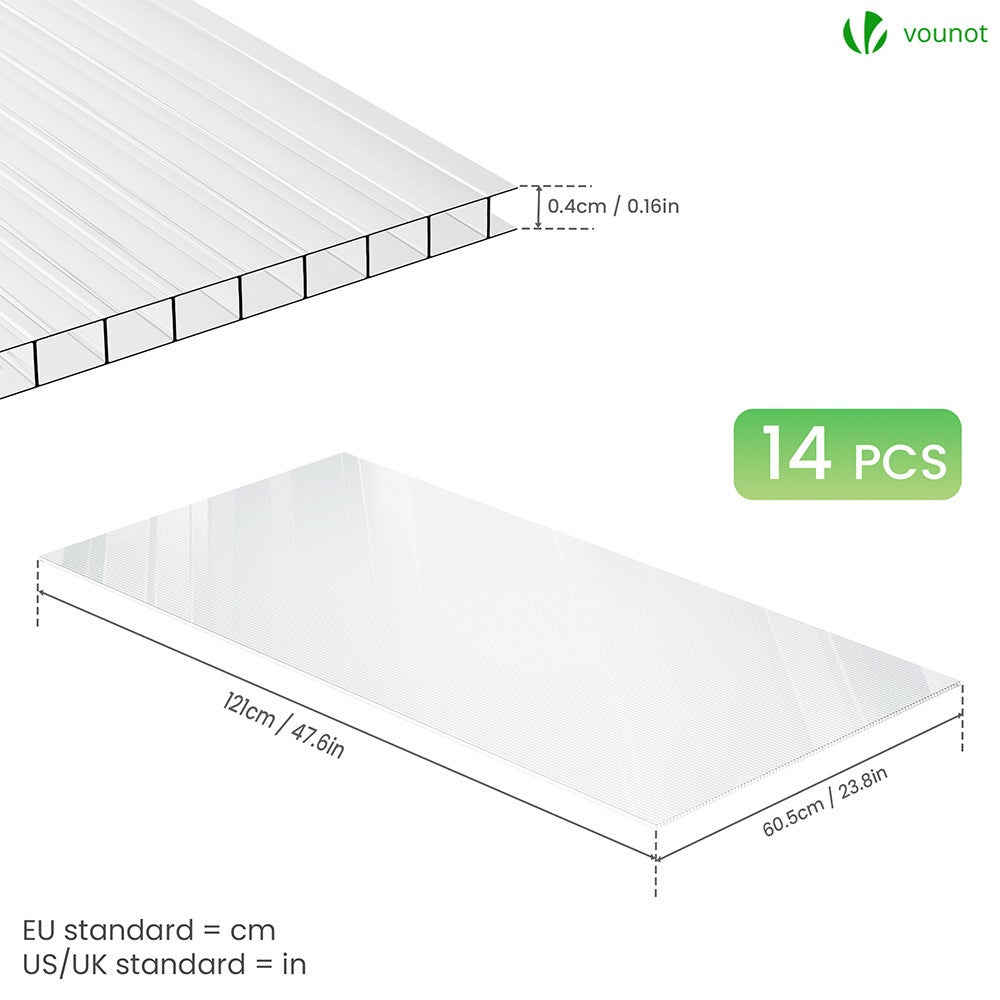 14 Plaques en polycarbonate alvéolaire 4 mm - double paroi creuse - transparent 121 x 60,5 cm - pour serre - VOUNOT® - 5