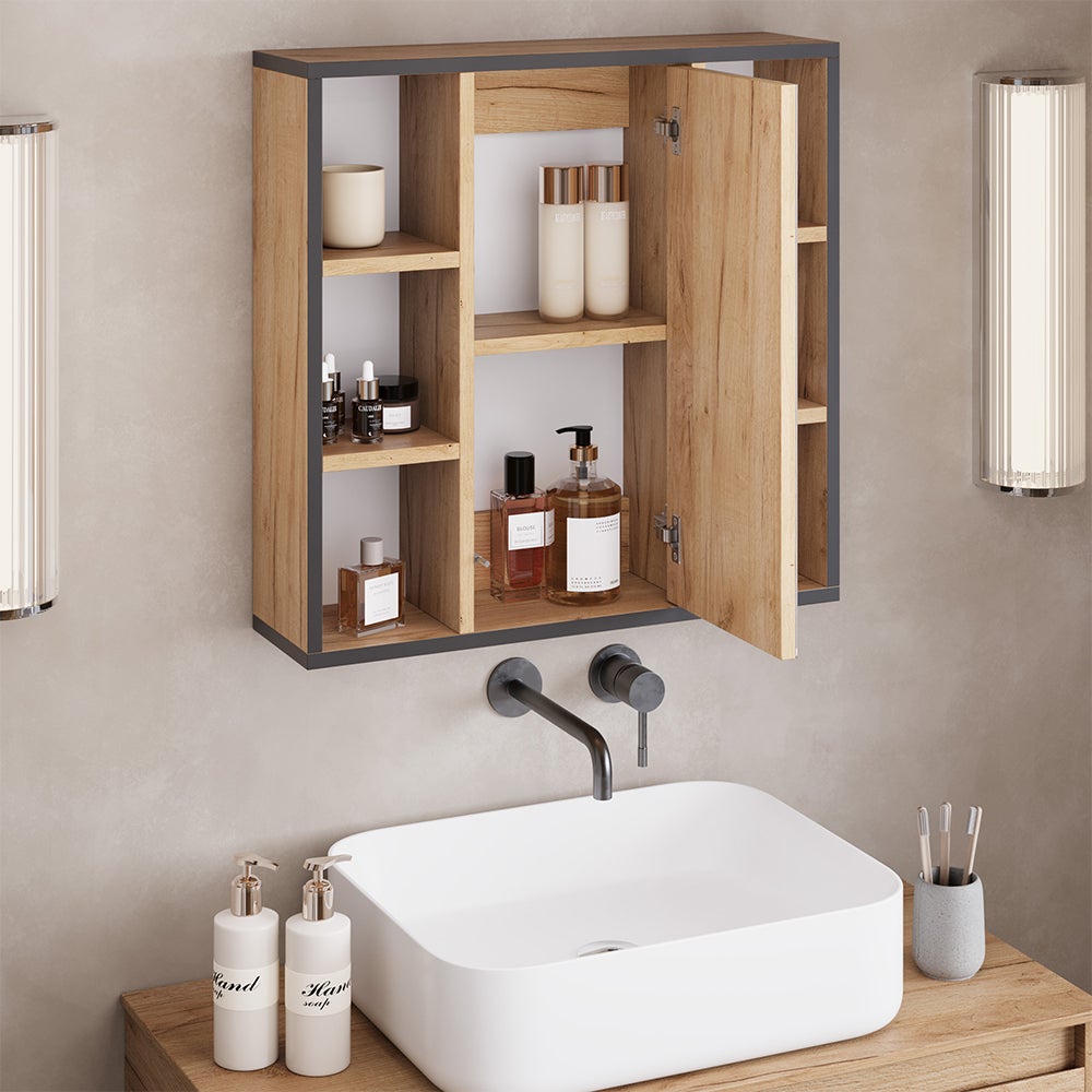Vicco Szafka z lustrem w łazience Stephan, Złoty dąb energetyczny, 60 x 59.2 cm Z półkami i lustrzanymi drzwiami - 4