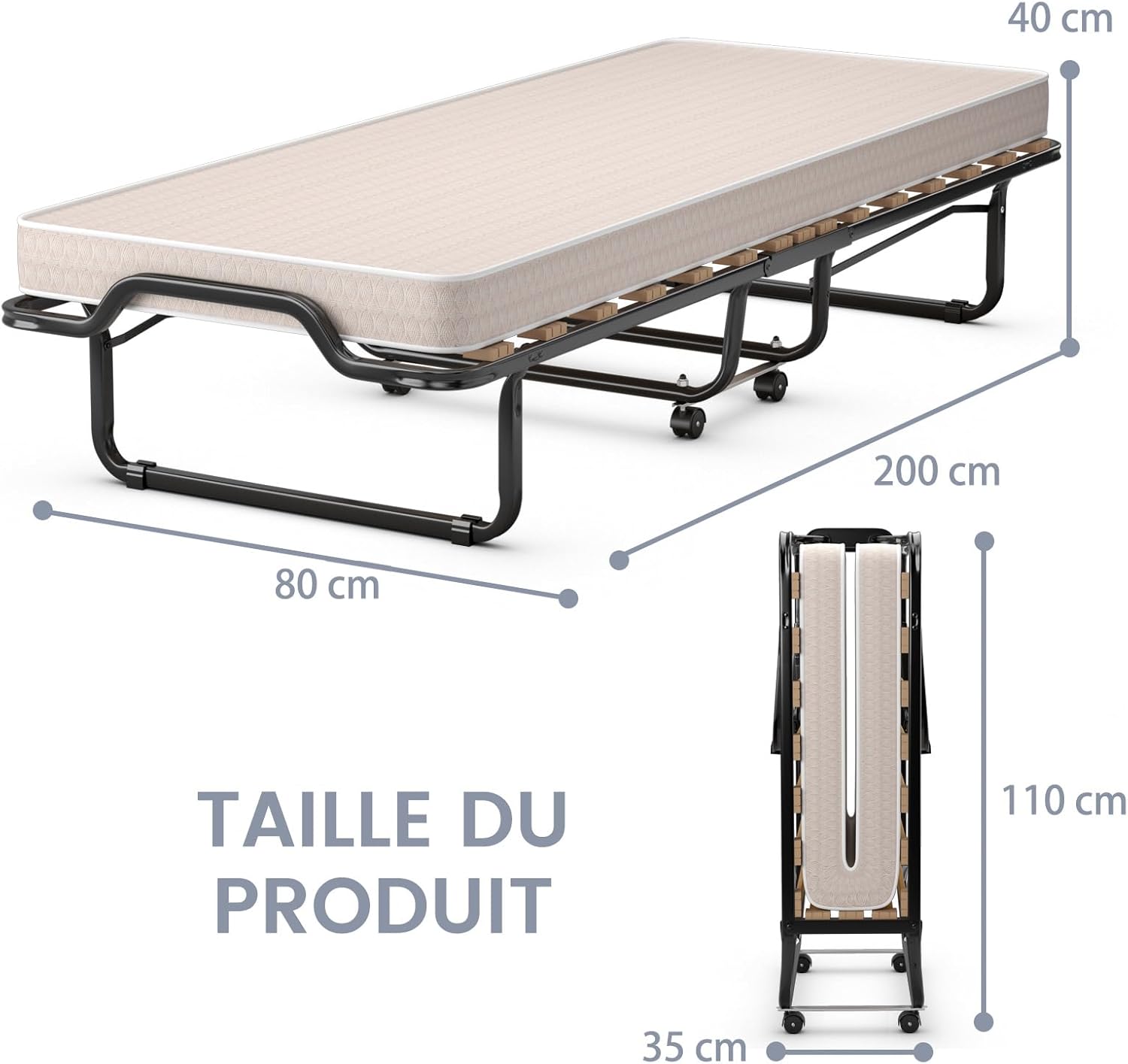 Lit d’Appoint Pliable 200x80cm avec Matelas en Mémoire 10 cm pour 1 Personne, Lit Pliant à roulettes Charge 120kg Fabriqué en Italie - 3