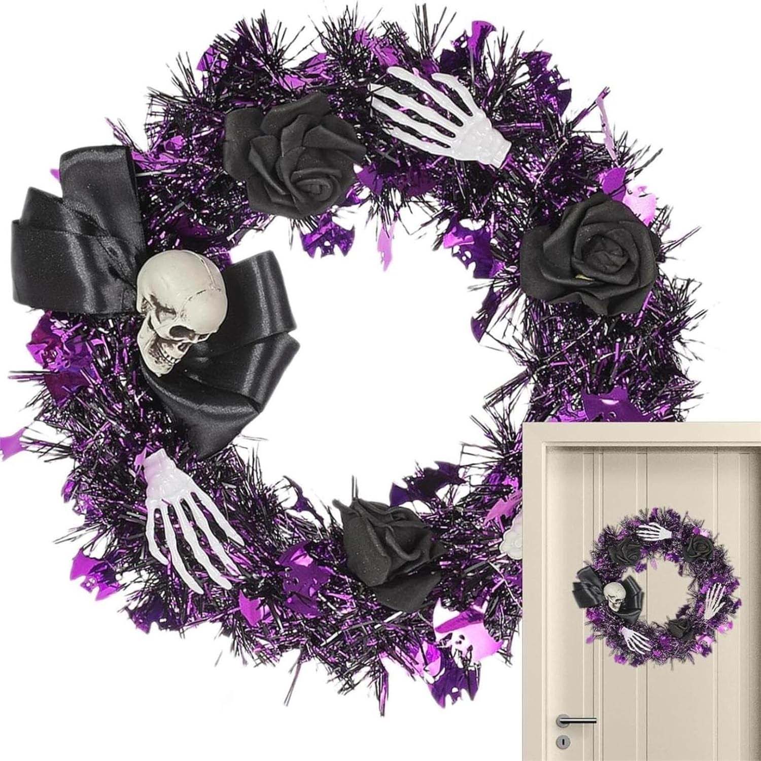 Halloweenowy wieniec z czaszek ze światełkami, dekoracja zewnętrzna na drzwi wejściowe, ścianę lub okno, gotycka atmosfera na przerażającą imprezę