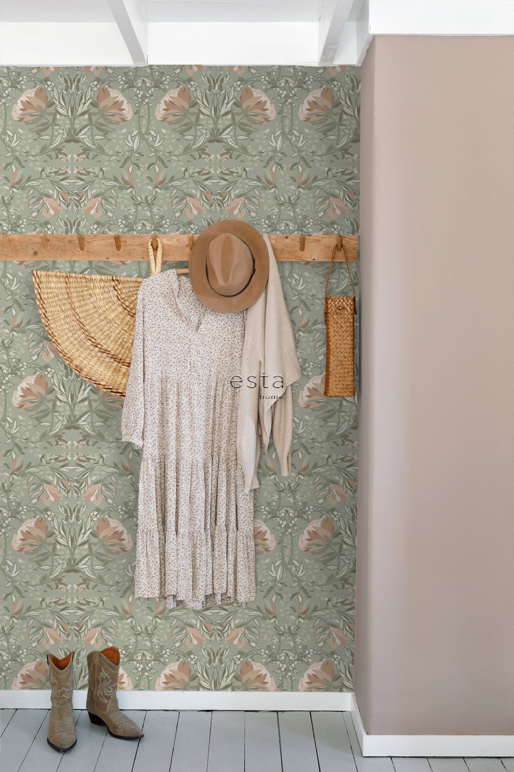 Papier peint fleurs vintage de style art nouveau vert grisé et vieux rose - 53 cm x 10.05 m - ESTAhome - 7