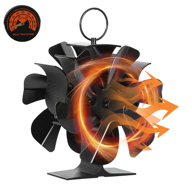 12 pales - 2 têtes - Ventilateur thermique,silencieux,sûr,distribution efficace de la chaleur pour poêle à bois