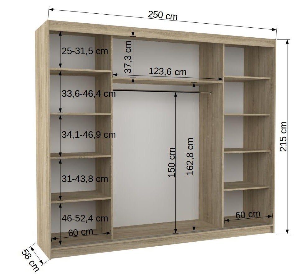 Grande armoire de chambre à coucher 3 portes coulissantes naturel et alu avec miroir Cindy 250cm - 4