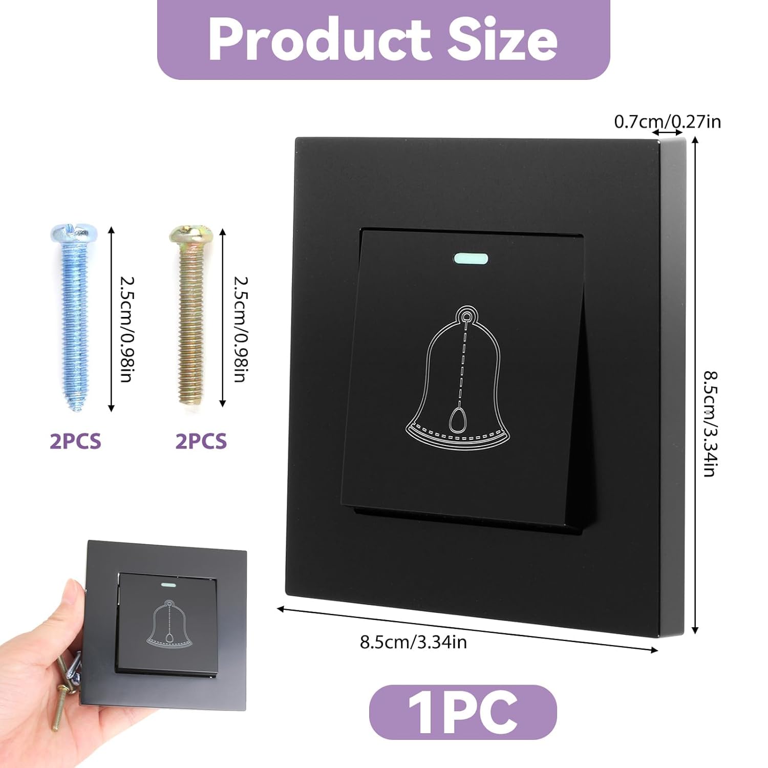 Noir，Bouton de Sonnette Extérieur éTanche 220–250 V, Interrupteur Sonnette de Porte en Verre avec Vis, Installation Facile, Usage Domestique ou Hôteli - 2