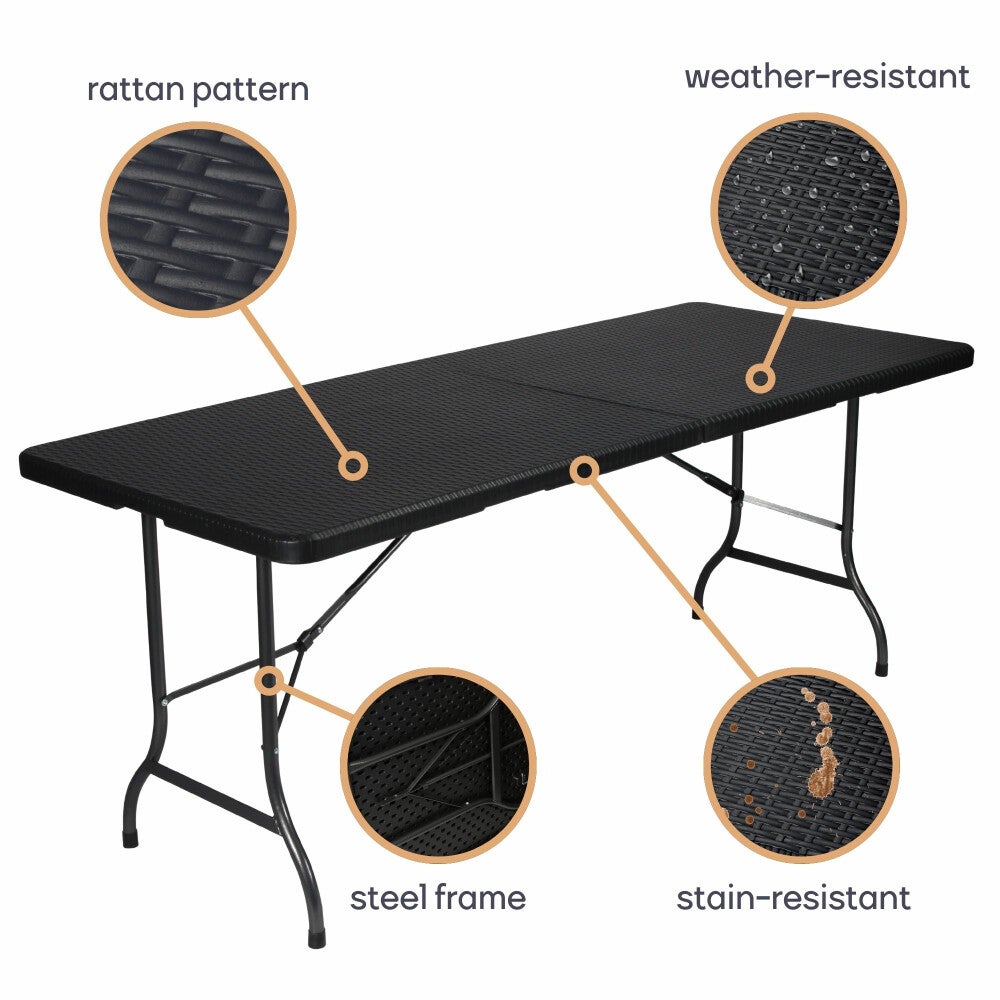 Perel Table pliante, résistant aux intempéries, avec poignée, aspect rotin, max. 100 kg, noir - 5