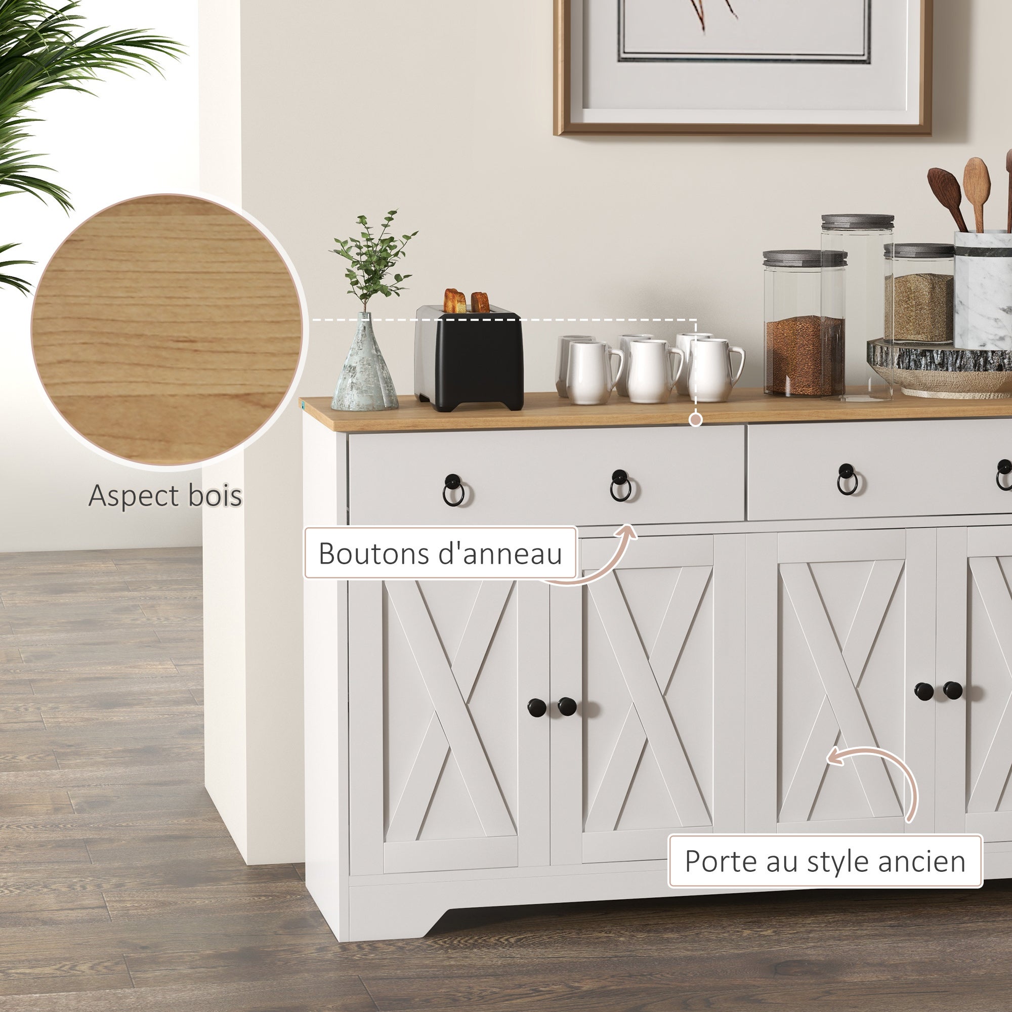 Buffet meuble de rangement armoire de cuisine style rural 2 tiroirs et 2 placards étagères à hauteurs réglables blanc - 8