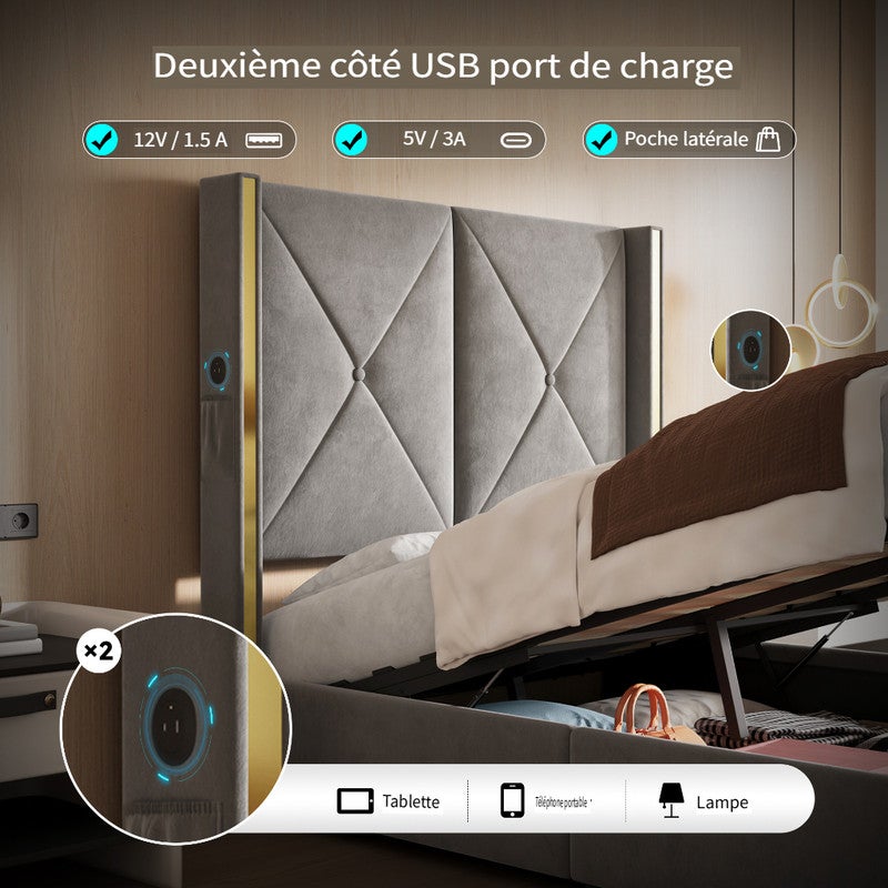 Lit 90x200 avec ports USB et éclairage LED,Lit simple rembourré avec poches latérales,Lit coffre hydraulique,tissu velours,Gris foncé (Sans matelas) - 7