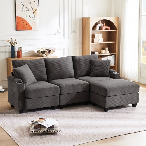 Canapé d'angle en L convertible 3 places avec repose-pieds,porte-gobelet,chargeur USB,rangement dans l'accoudoir et 2 coussins,idéal pour salon,b - 6