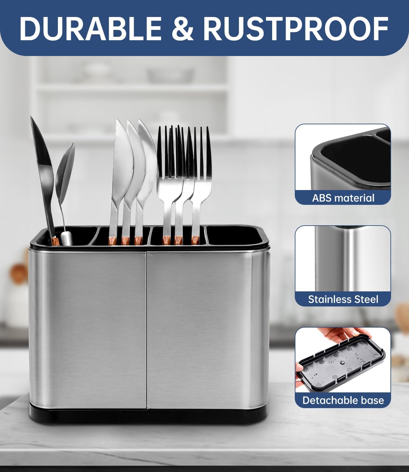 Range-couverts 4 compartiments, support de rangement pour cuisine, support de rangement pour couverts, plateau à couverts antidérapant en acier - 5