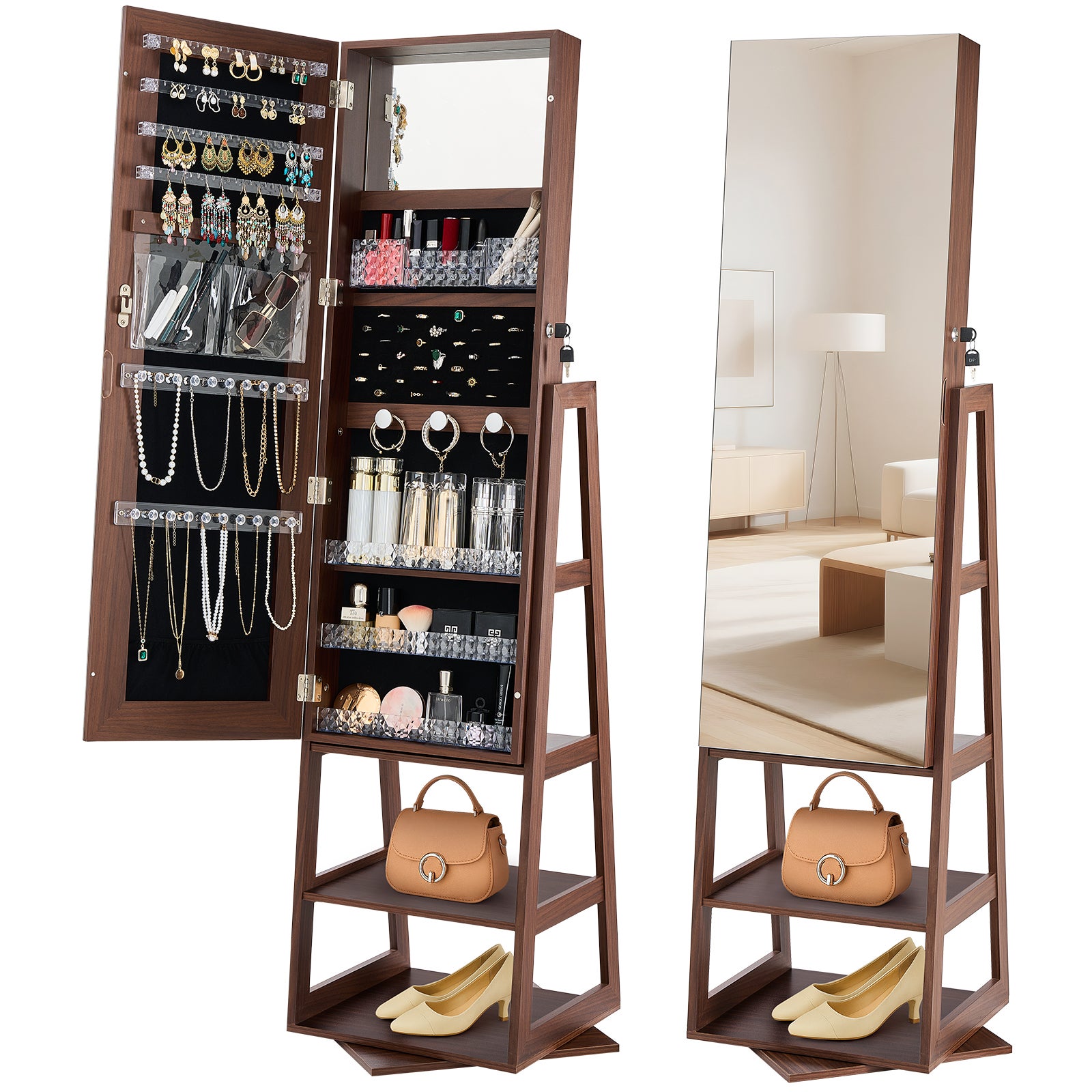 SPECCHIO PORTAGIOIE GIREVOLE CON 2 CHIAVI IN LEGNO 38X38X160 CM