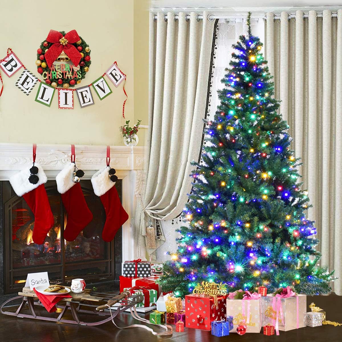 210 CM Sapin de Noël Artificiel Lumineux 500 LED Multicolore, 11 Modes d'Eclairage, 1570 Branches en PVC Ignifugé, Pied en Métal, Décoration Noël - 3