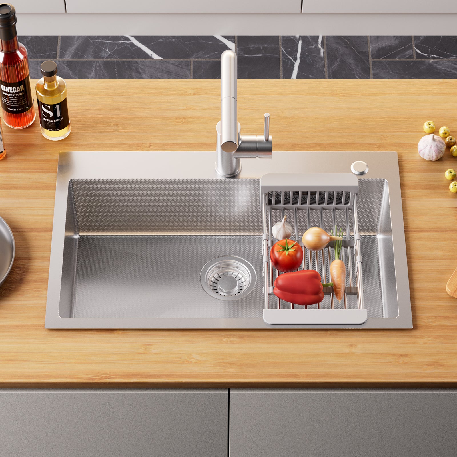 70*45*19cm Évier Inox avec Panier de Drainage, Évier de Cuisine Grande Capacité, Évier 1 Bac Argent - 2