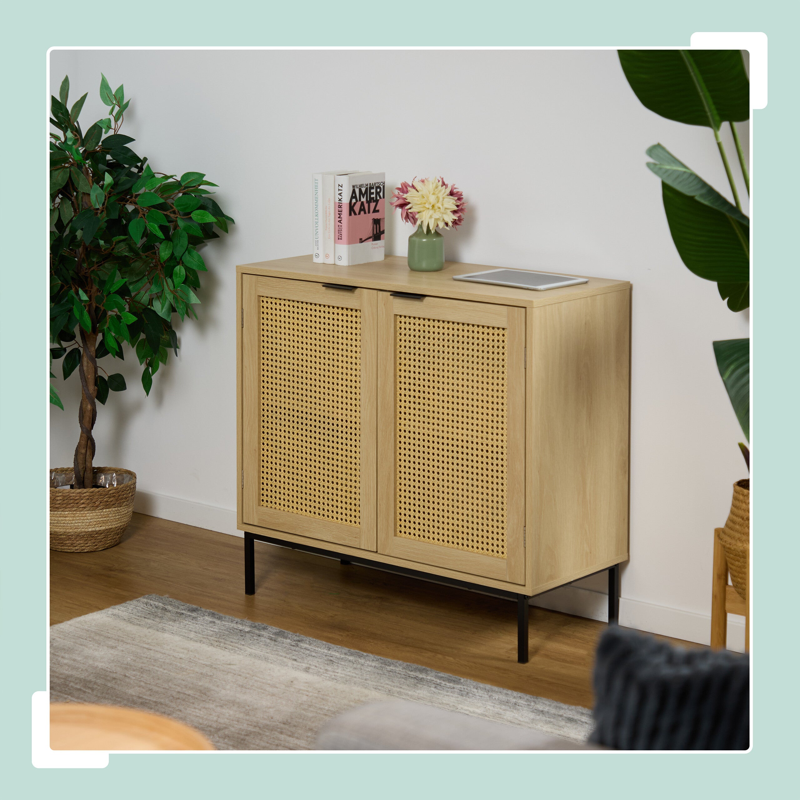 Credenza Ingresso Vintage Relaxdays - Con Ante In Rattan, MDF E Bambù, 76x80x39cm - Foto 3