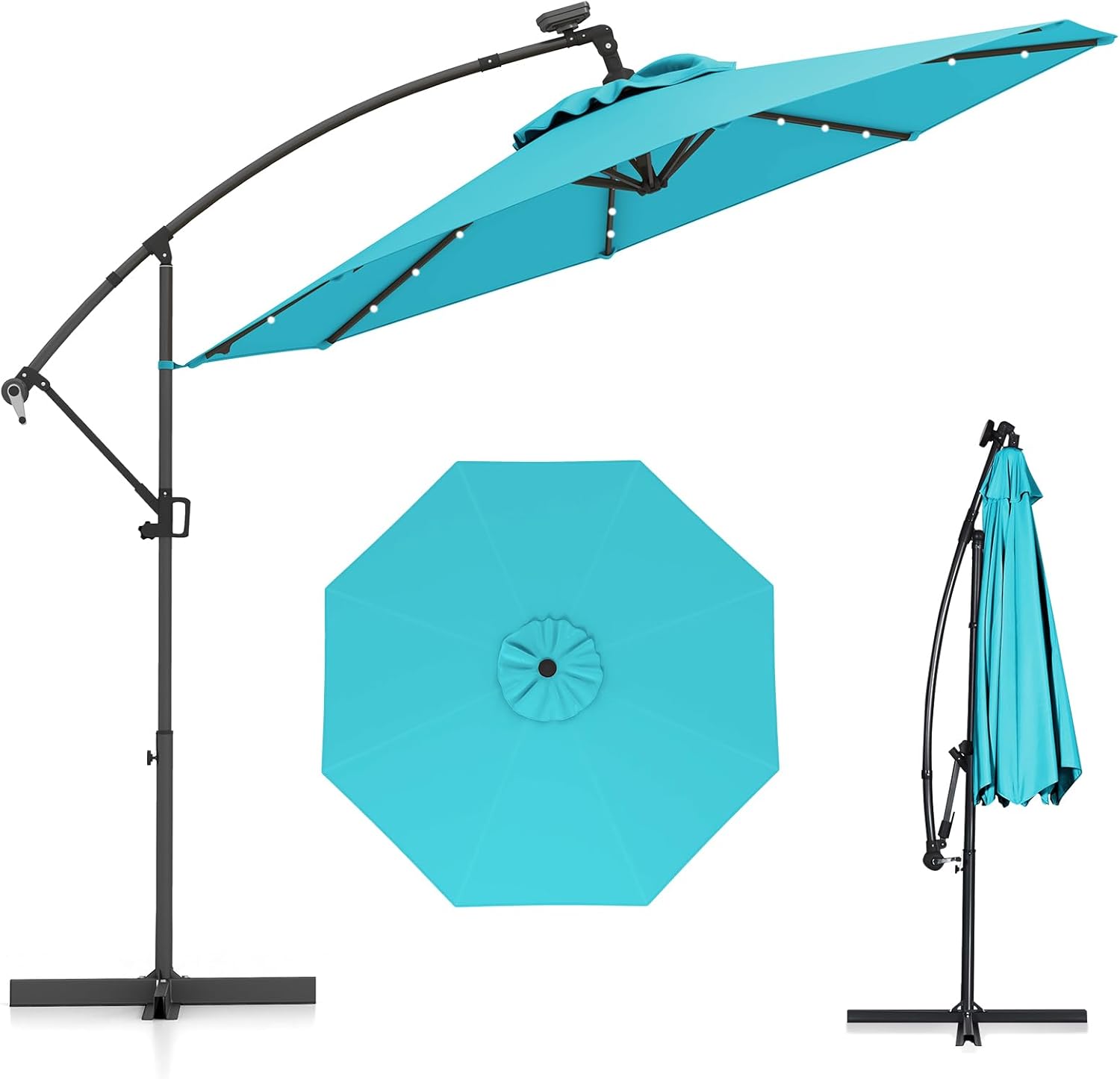 Parasol przeciwsłoneczny, 300 cm, z 32 solarnymi diodami LED i korbą, parasol ogrodowy, parasol na taras, do ogrodu, na basen, turkusowy, 300 cm