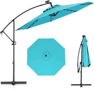 COSTWAY Parasol Déporté Excentré 3M, 32 LED Solaire, Inclinable et Rotation à 360°, 8 Baleines, Base Croisée, Parasol à Manivelle (Turquoise)