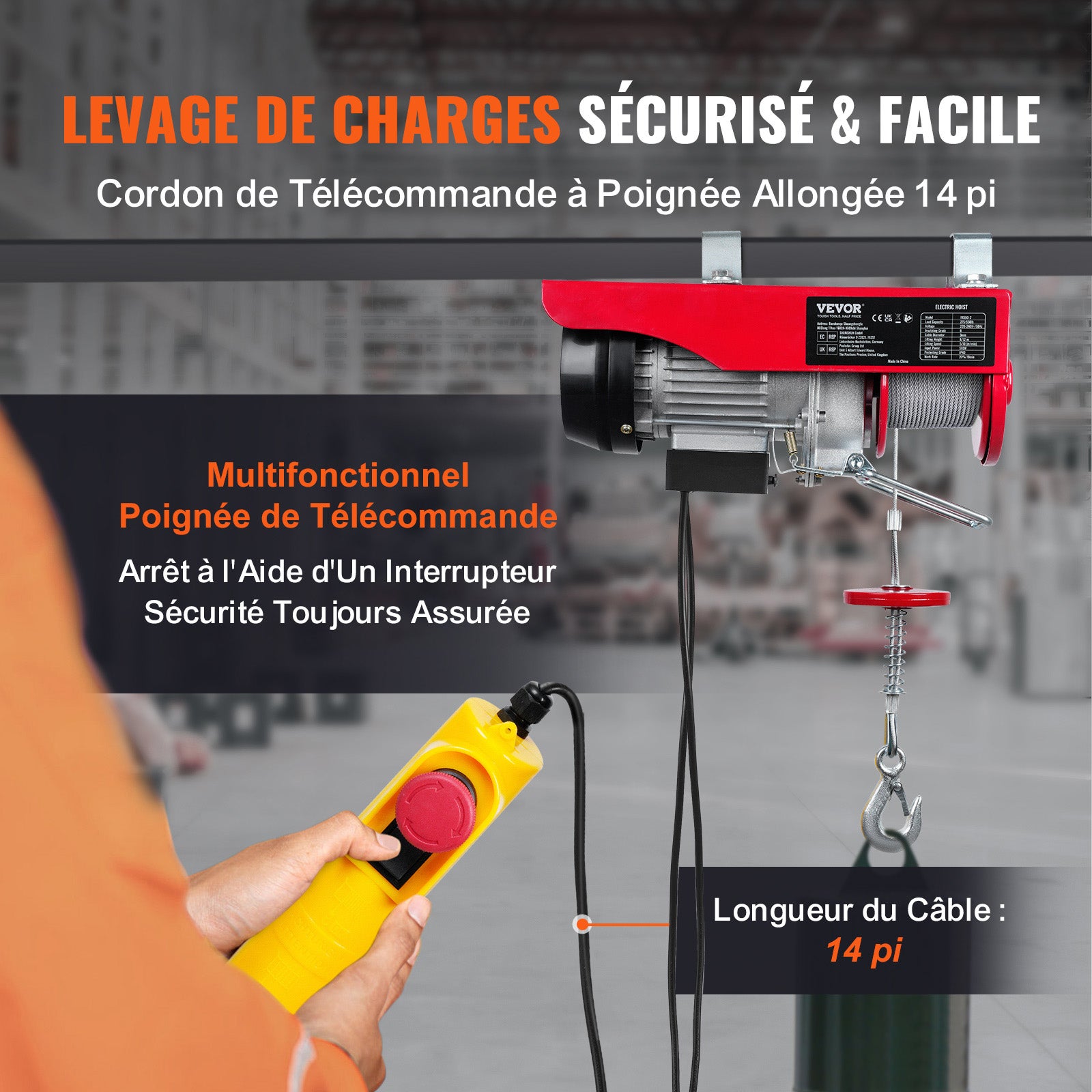 Talha elétrica SucceBuy com cabo de aço 250 kg, motor 510 W, comando com fio 4 m, elevação 12 m, para garagem e oficina - 6