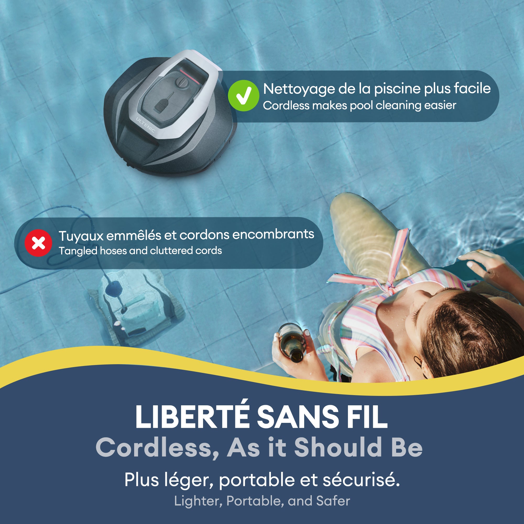 Robô de piscina sem fios Pooleco 10, ABS, Auto-Parking, 2,5 L, ideal para piscinas acima do solo com 80 m² , Dois motores - 3
