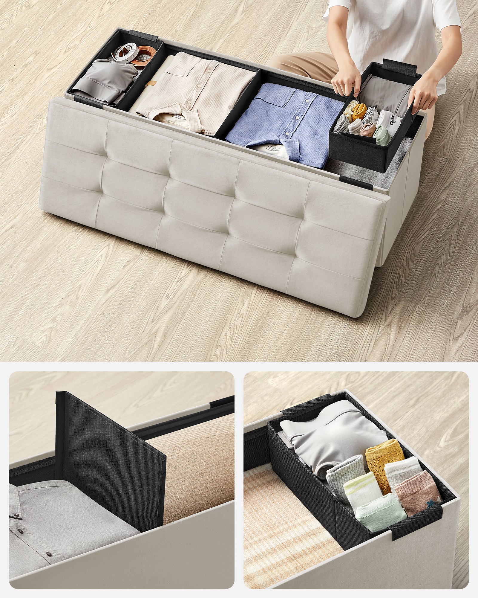 Banc de Rangement, Pouf en Velours, avec Couvercle, avec 2 Boîtes, Séparateur Amovible, 38 x 110 x 38 cm, Capacité de Charge 300 kg, Blanc Crème - 5