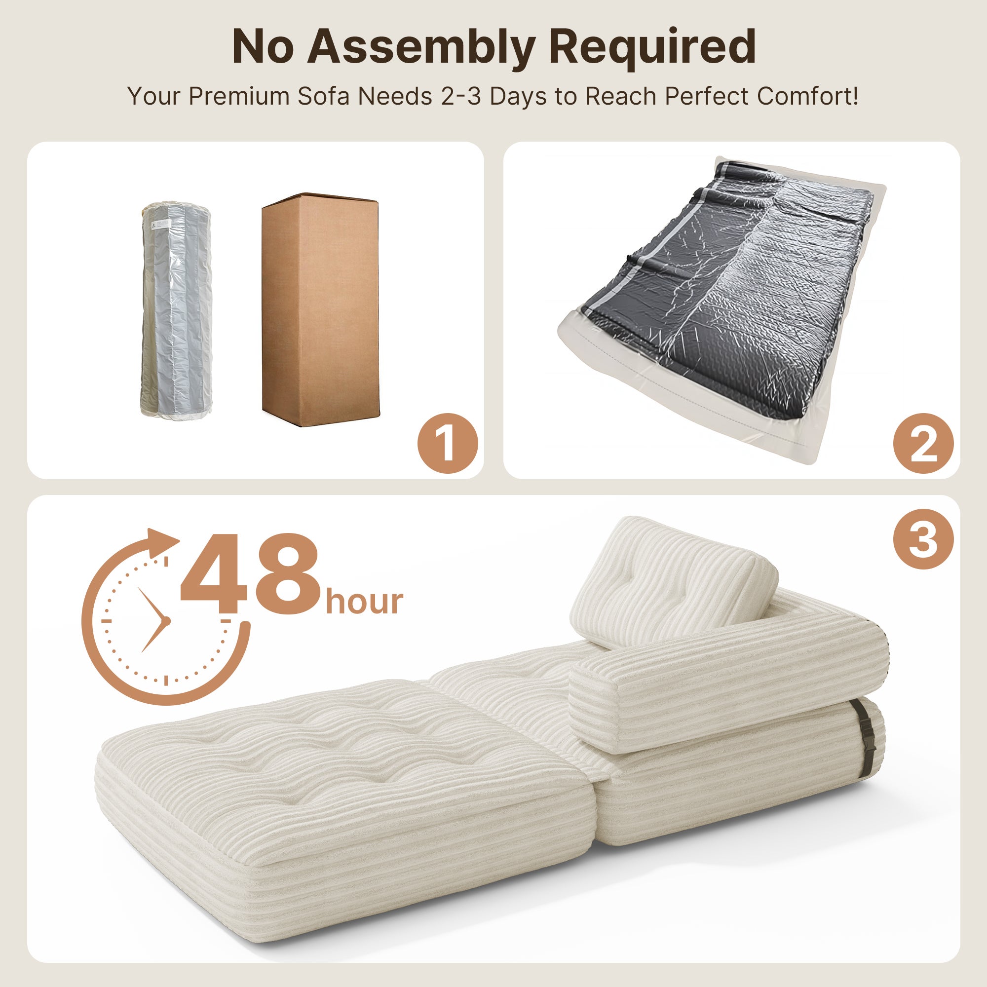 Bealife Sofá Conversível Poltrona-Cama Individual em L Branco Veludo Cotelado Travesseiro Longo 85 x 85 cm - 5