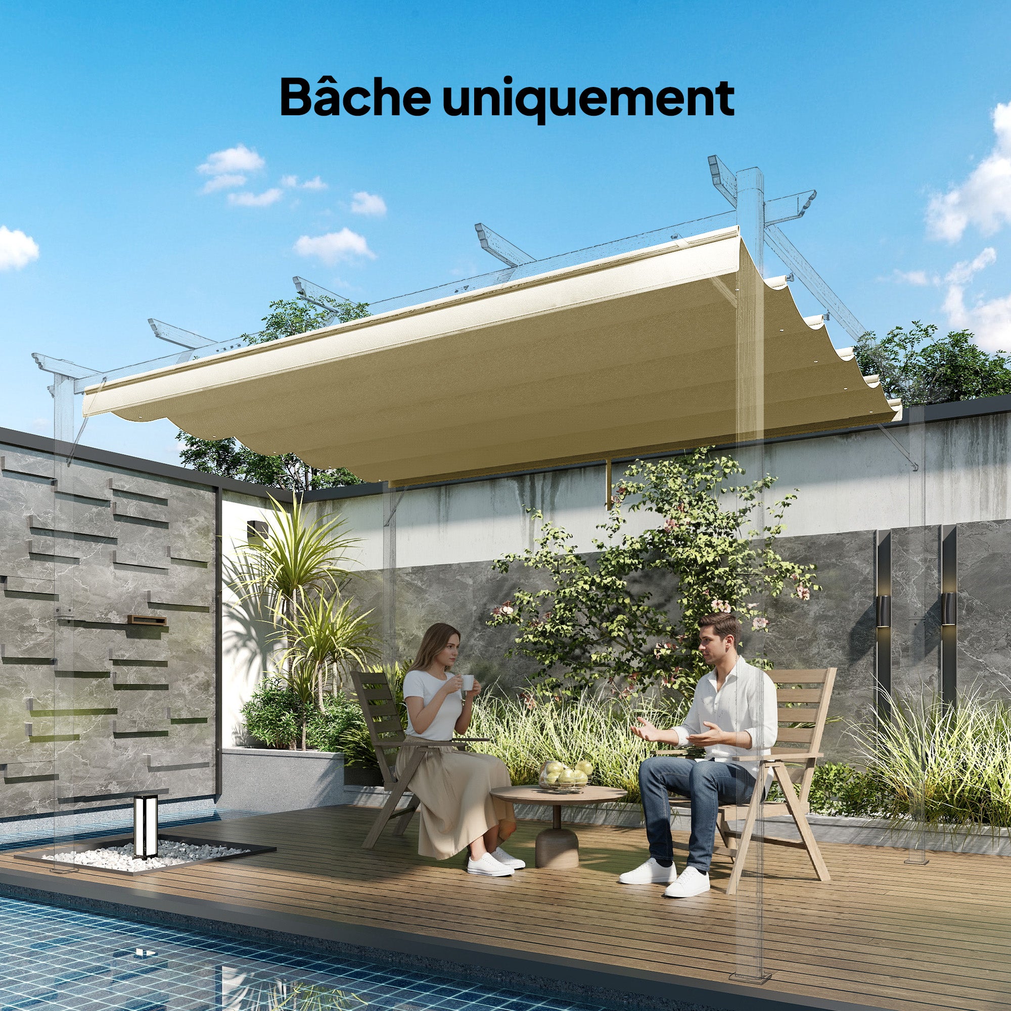 Toile de toit pour pergola tonnelle rétractable de 4 x 3 m - toile uniquement 350 x 260 cm beige - 4