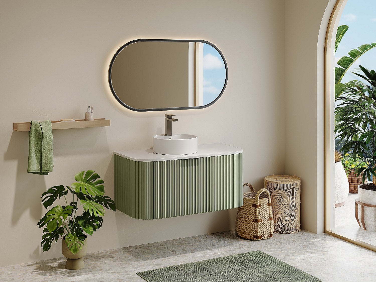 Szafka pod umywalkę wisząca ryflowana - Zielony mat - 100 cm - LOMERI