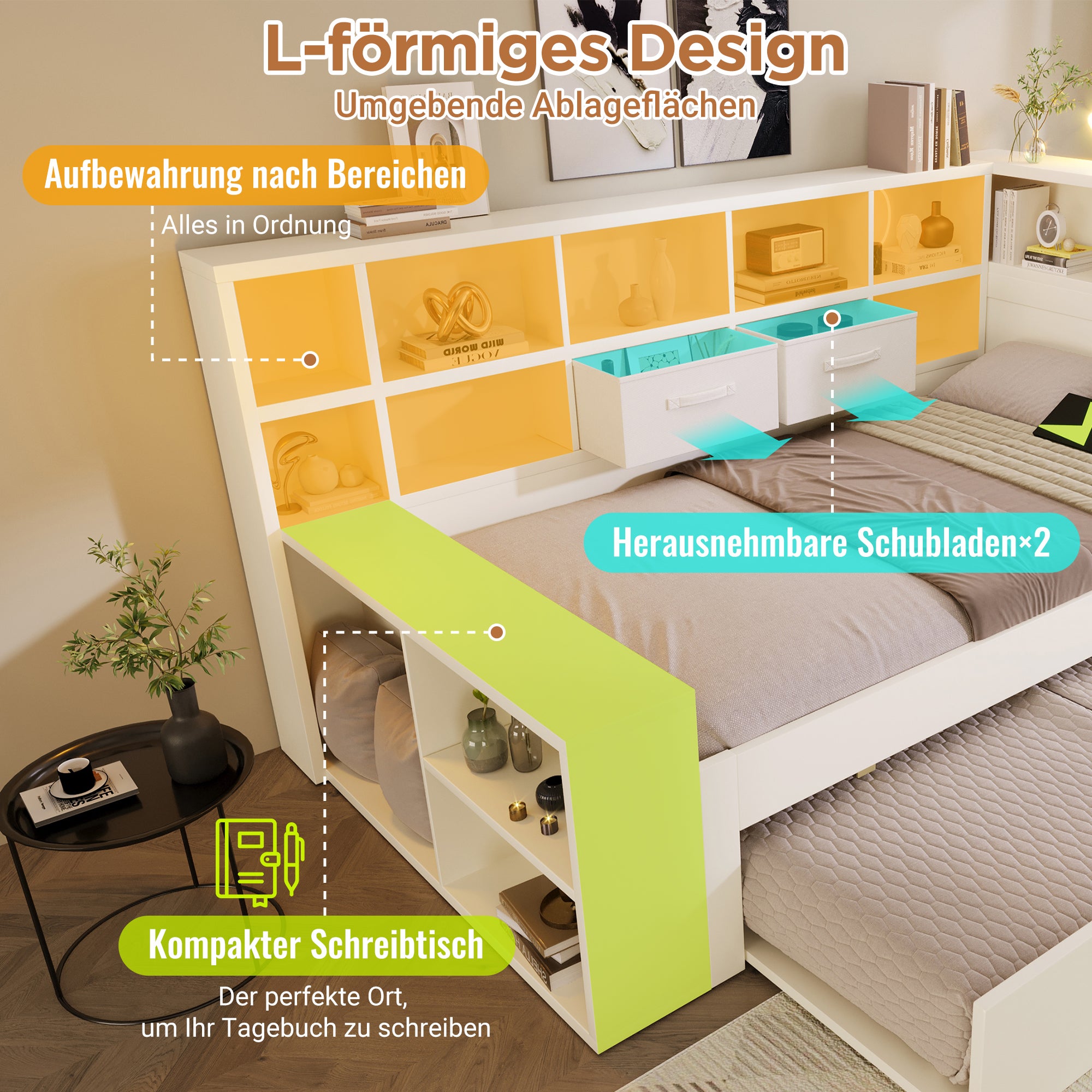 Łóżko wysuwane 90 x 200 cm z 2 szufladami i przegródkami – sosna + płyta wiórowa – ładowanie USB/typu C – białe (materac nie jest wliczony w cenę) - 5