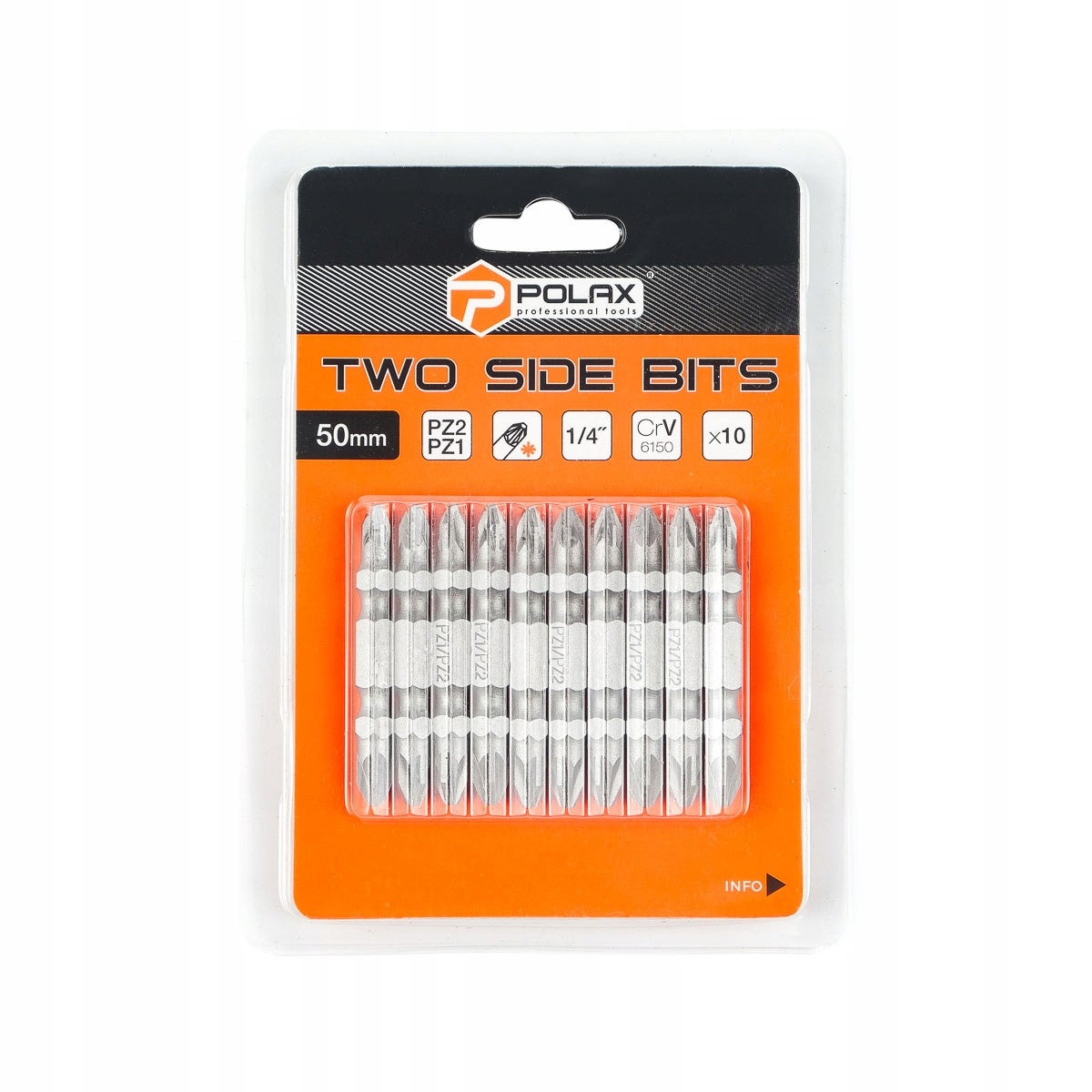 Zestaw bitów dwustronnych 50mm PZ2 - PZ1 1/4" 6150CRV (10 szt) Polax