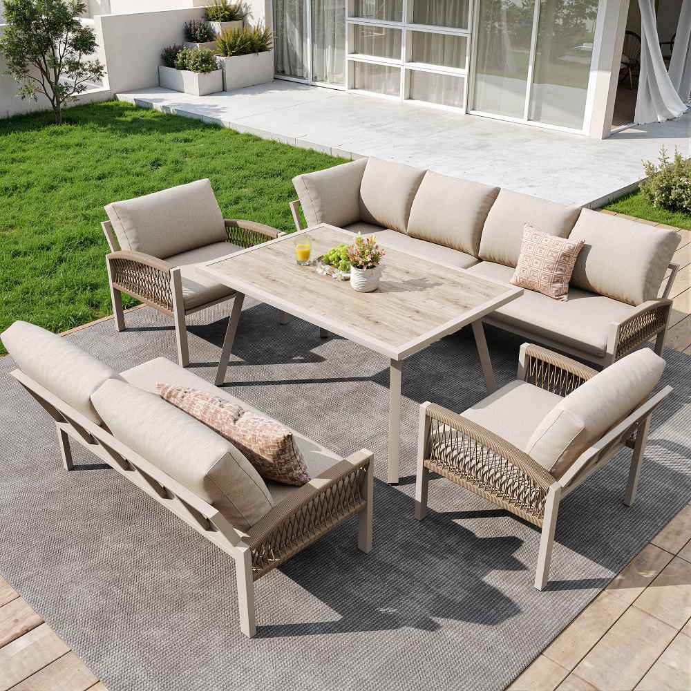 Sofá de jardín en L para 8 personas con estructura de metal, cojines beige, mesa con vidrio efecto madera y 2 sillones trenzados, resistente al clima - 7
