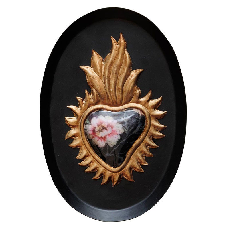 Cadre Ovale en Fer Ex-voto Fleuri Noir Doré 14x20cm - 2
