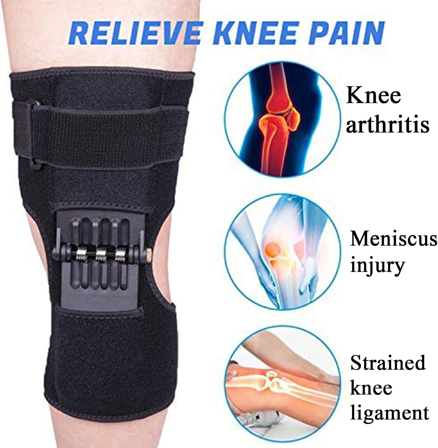 Lot de 2 genouillères avec 3 ressorts robustes, pour homme et femme souffrant de faiblesse des jambes, d'arthrite, de déchirures méniscales - Noir - 2