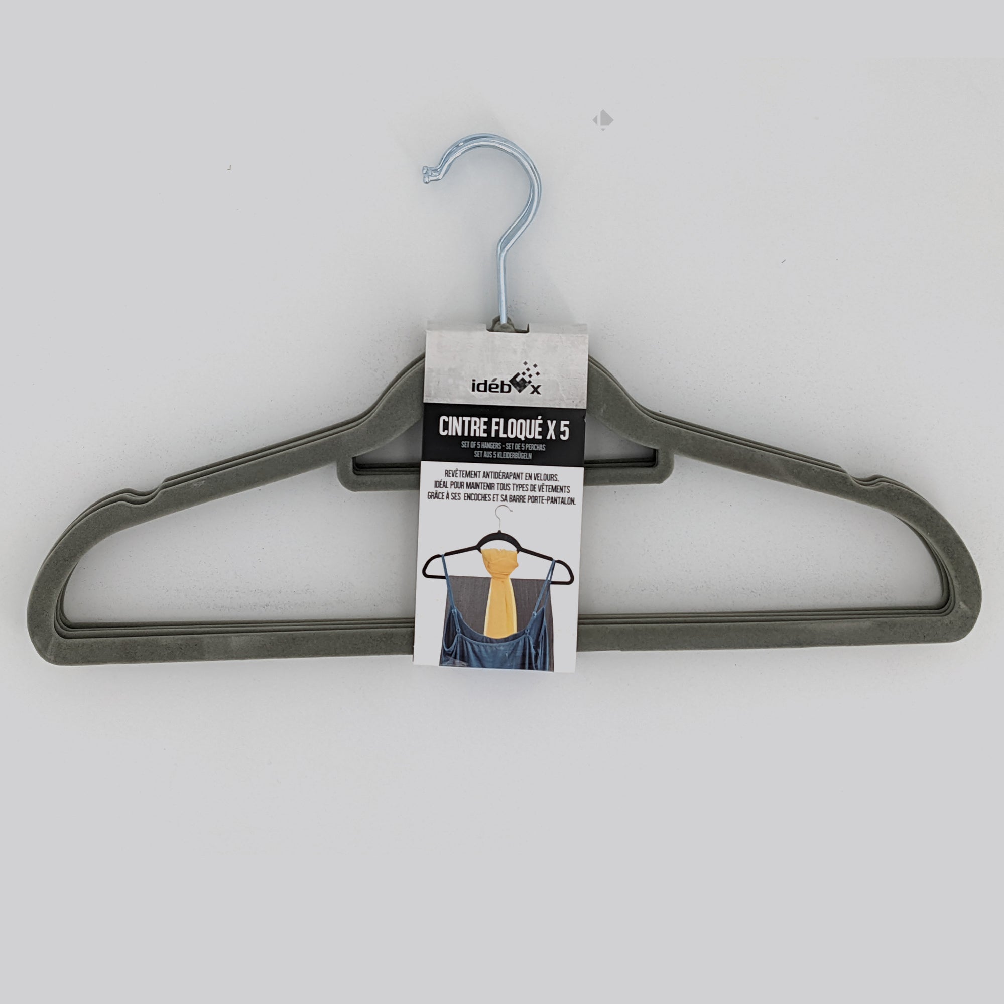 Lot de 5 Cintres avec barre floqué velours Gris - 4