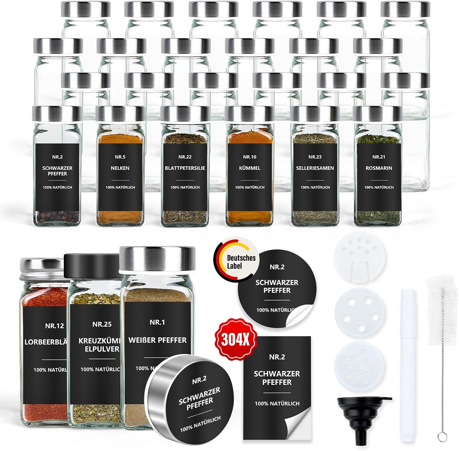 24-częściowe kwadratowe słoiki na przyprawy ze stali nierdzewnej o pojemności 120 ml z pokrywkami typu shaker