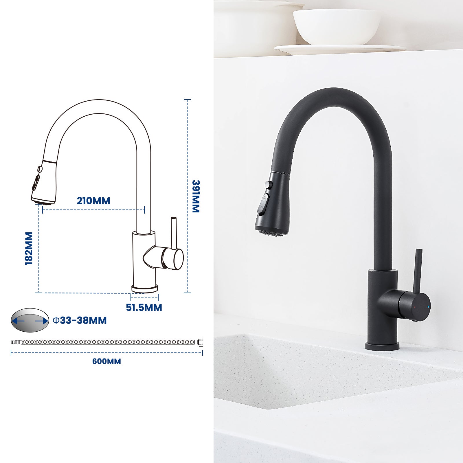 Mitigeur Evier Avec Douchette Extractible - Robinet de Cuisine à 2 Modes de Pulvérisat - Mitigeur Evier Avec Barboteur Démotable - 5