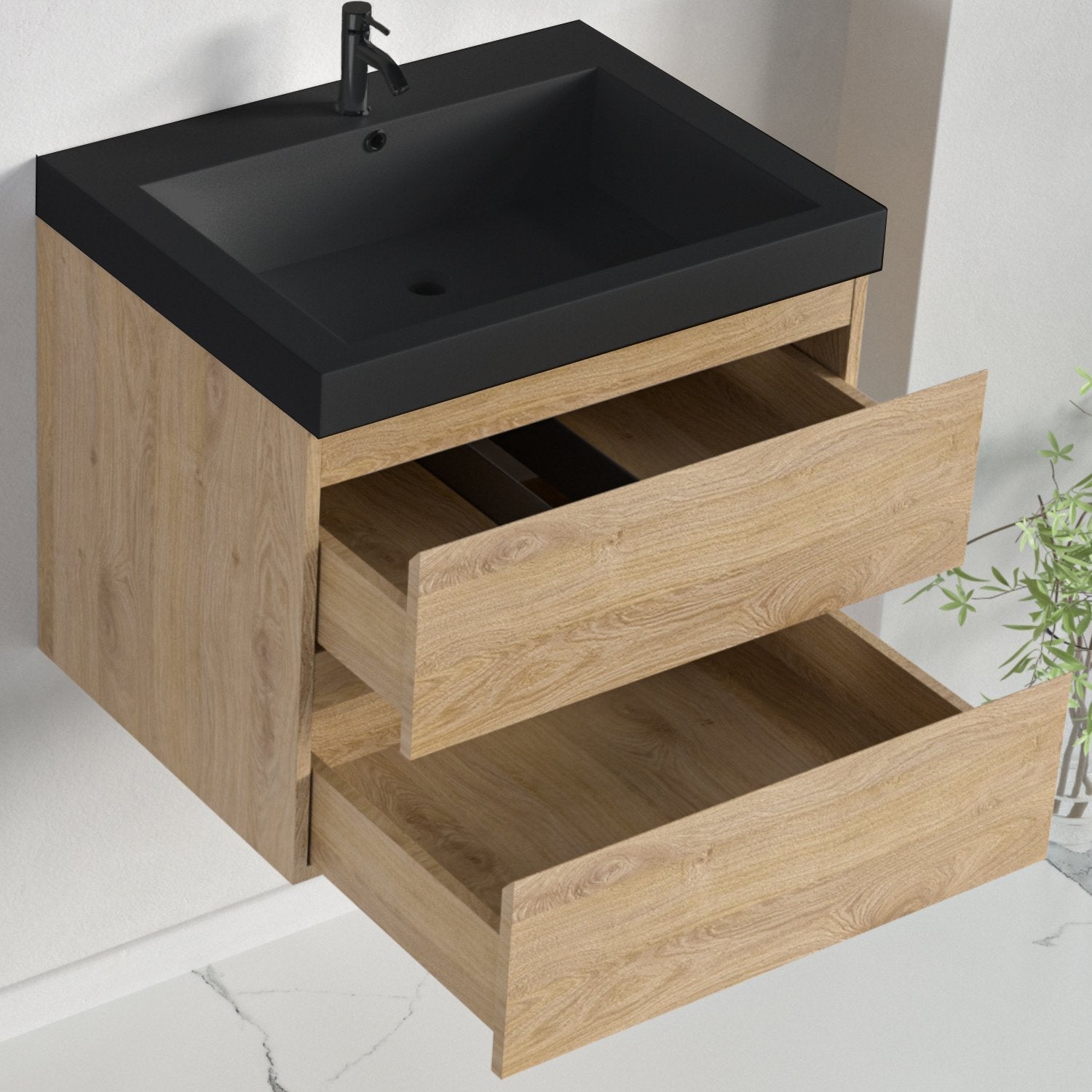 LOMAZOO Meuble de Salle de Bain 60cm Chêne Clair - Vasque Noire - Meuble Sous-Vasque Suspendu [MONACO] - 5