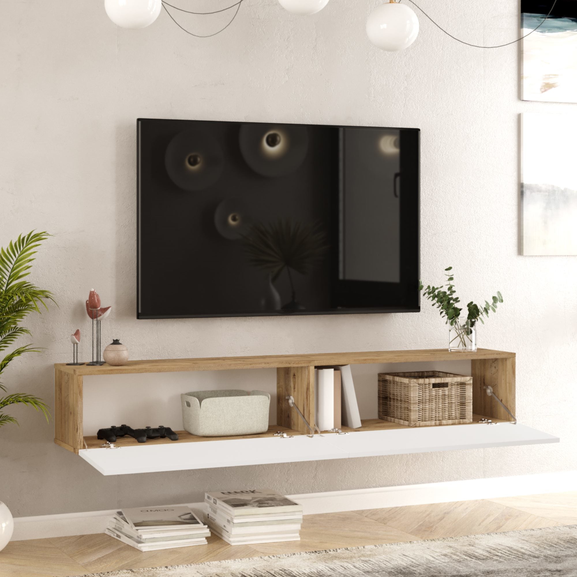 Meuble TV Lapinlahti à 2 portes 29,5 x 180 x 31,5 cm effet bois de pin / blanc [en.casa] - 5