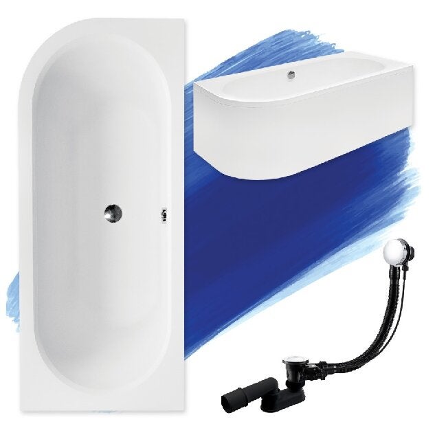 Baignoire asymétrique 160x75 Droite AVITA acrylique blanc + avec Tablier + Pieds + Vidage à chromé - 2