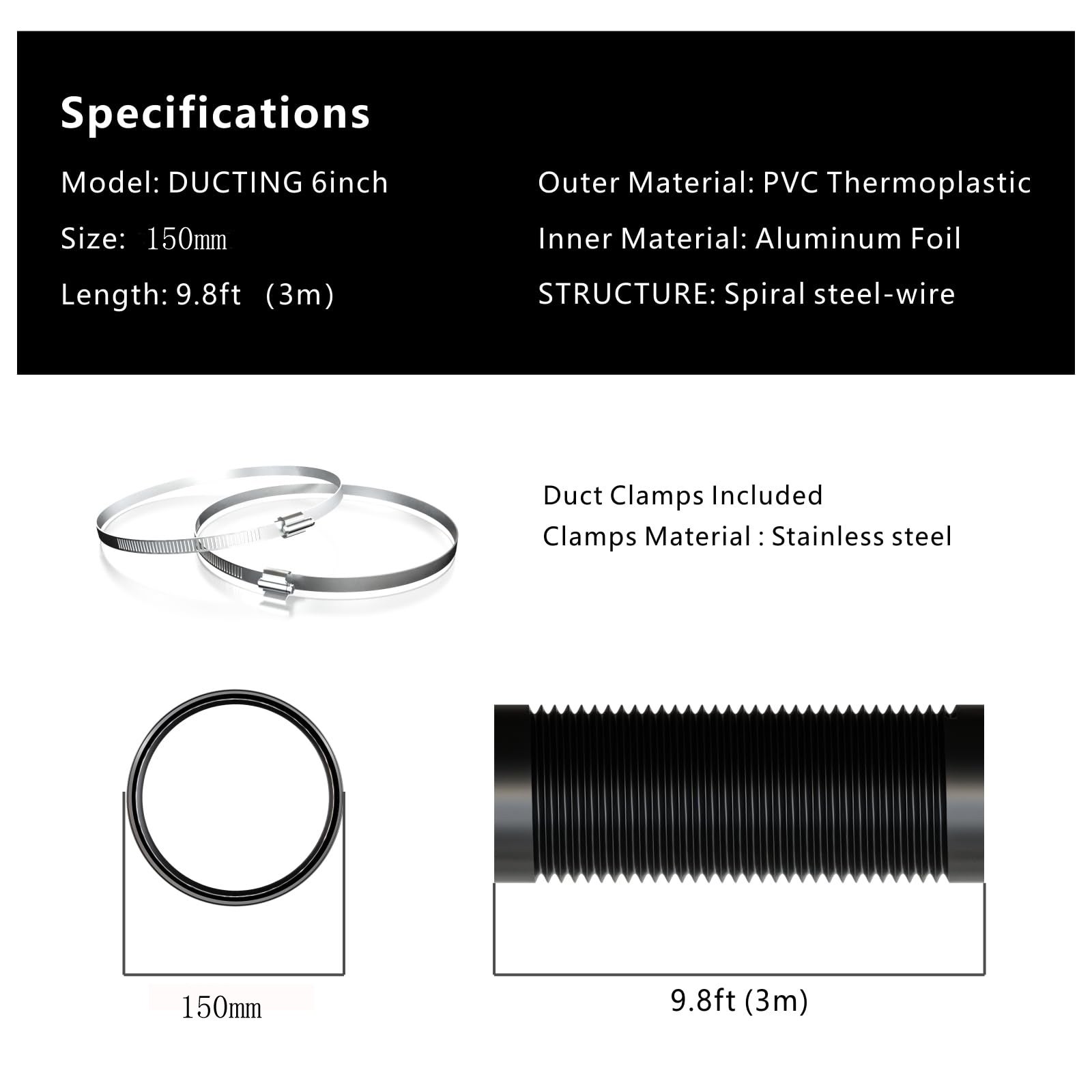 Conduit flexible en aluminium de 3 mètres, tuyau d'évacuation pour sèche-linge, protection triple couche robuste pour la ventilation et l'évacuation - 2