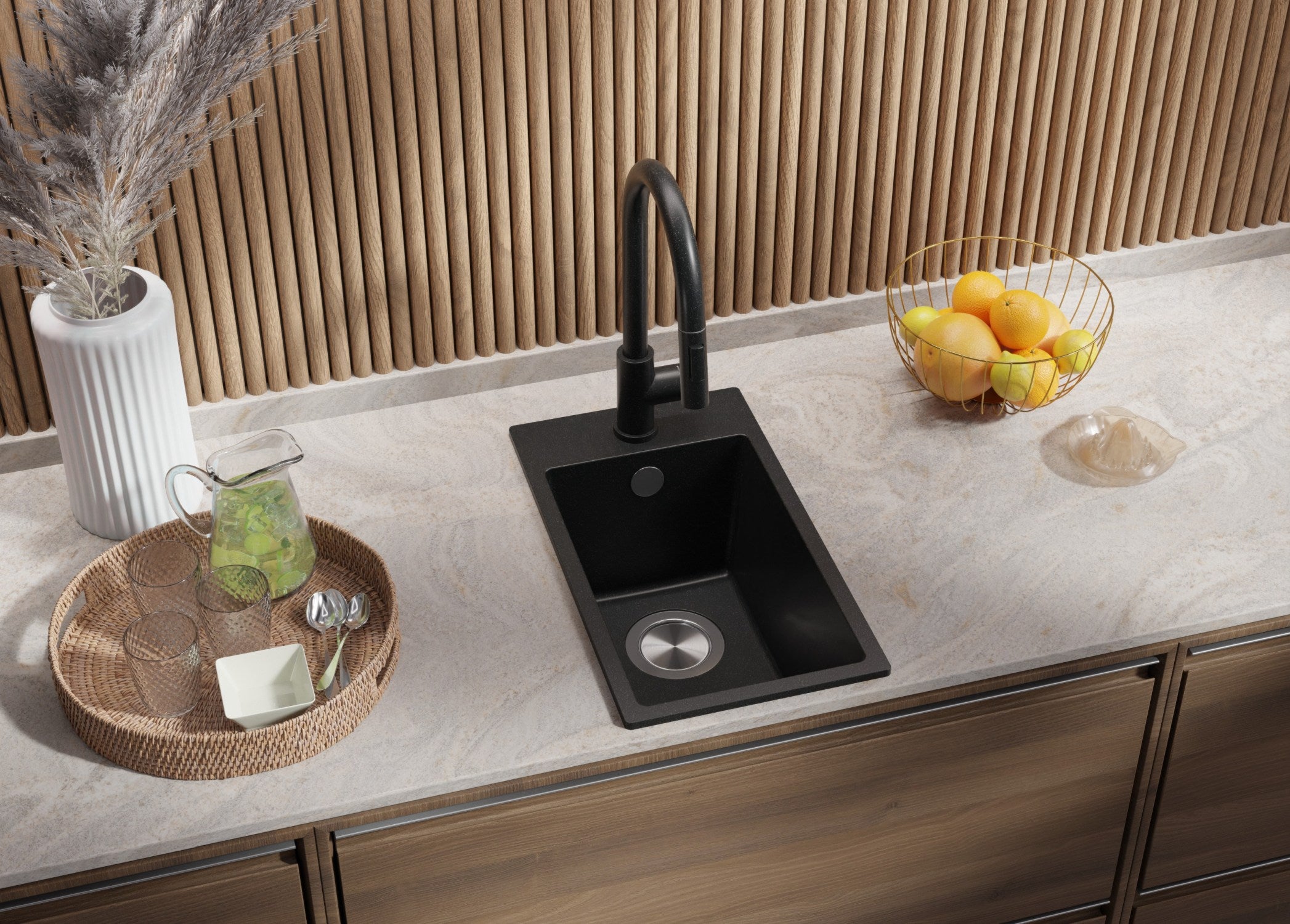 Evier Cuisine en Granit Graphite 28x50cm, Lavabo 1 bac + Kit de Vidage, Évier à Encastrer au meuble 30cm - Riga PRIMAGRAN - 2
