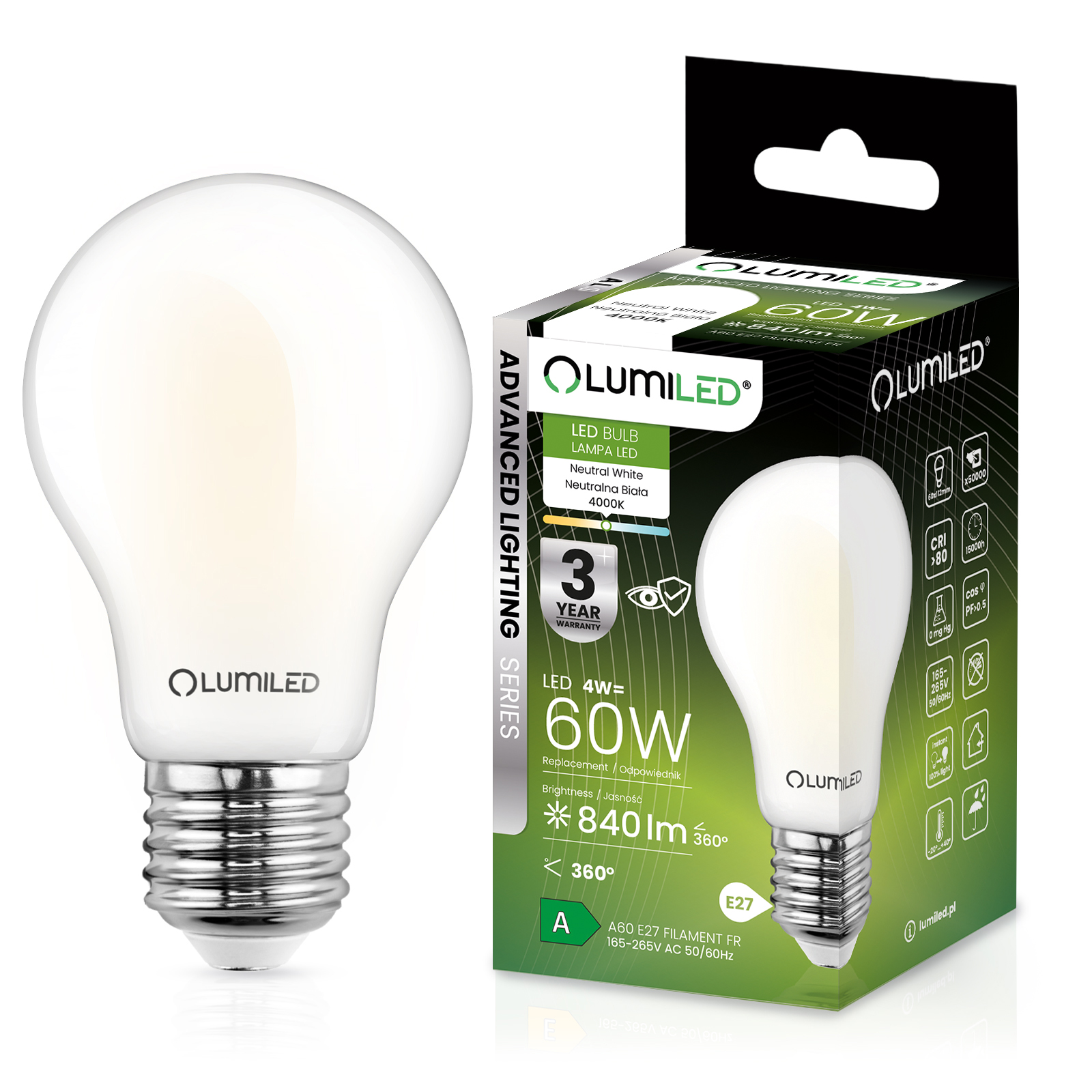 Żarówka LED Lumiled E27 A60 4W 840lm 4000K Neutralna biel 360st Filament 1 szt.