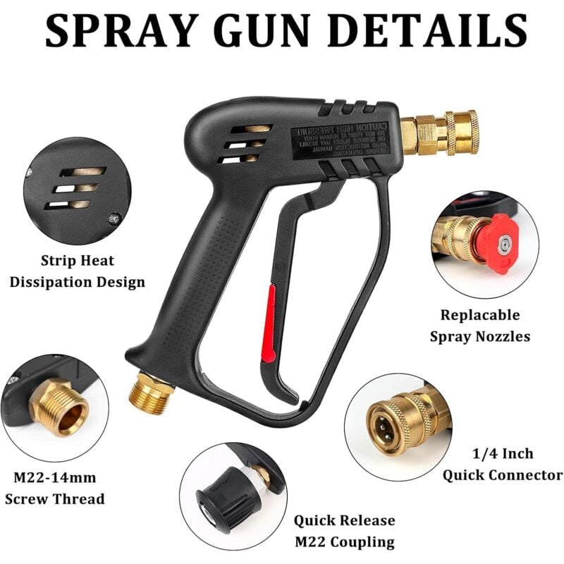 Pistolet Nettoyeur Haute Pression - 5800 PSI, 12 GPM, Raccord Pivotant M22-14mm, 5 Buses