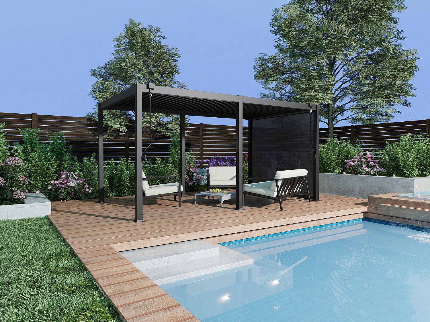 Pergola bioclimatique autoportante en aluminium 15m² avec rideau ...