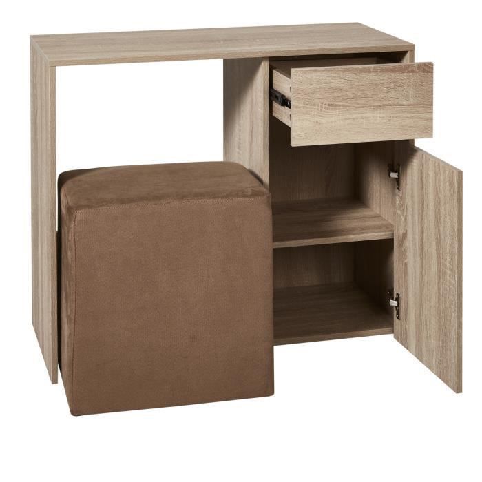 Bureau bois MDF 1 tiroir 1 porte + 1 pouf tissu Taupe - L 90 x P 40 x H 75 cm - ALICE - 4