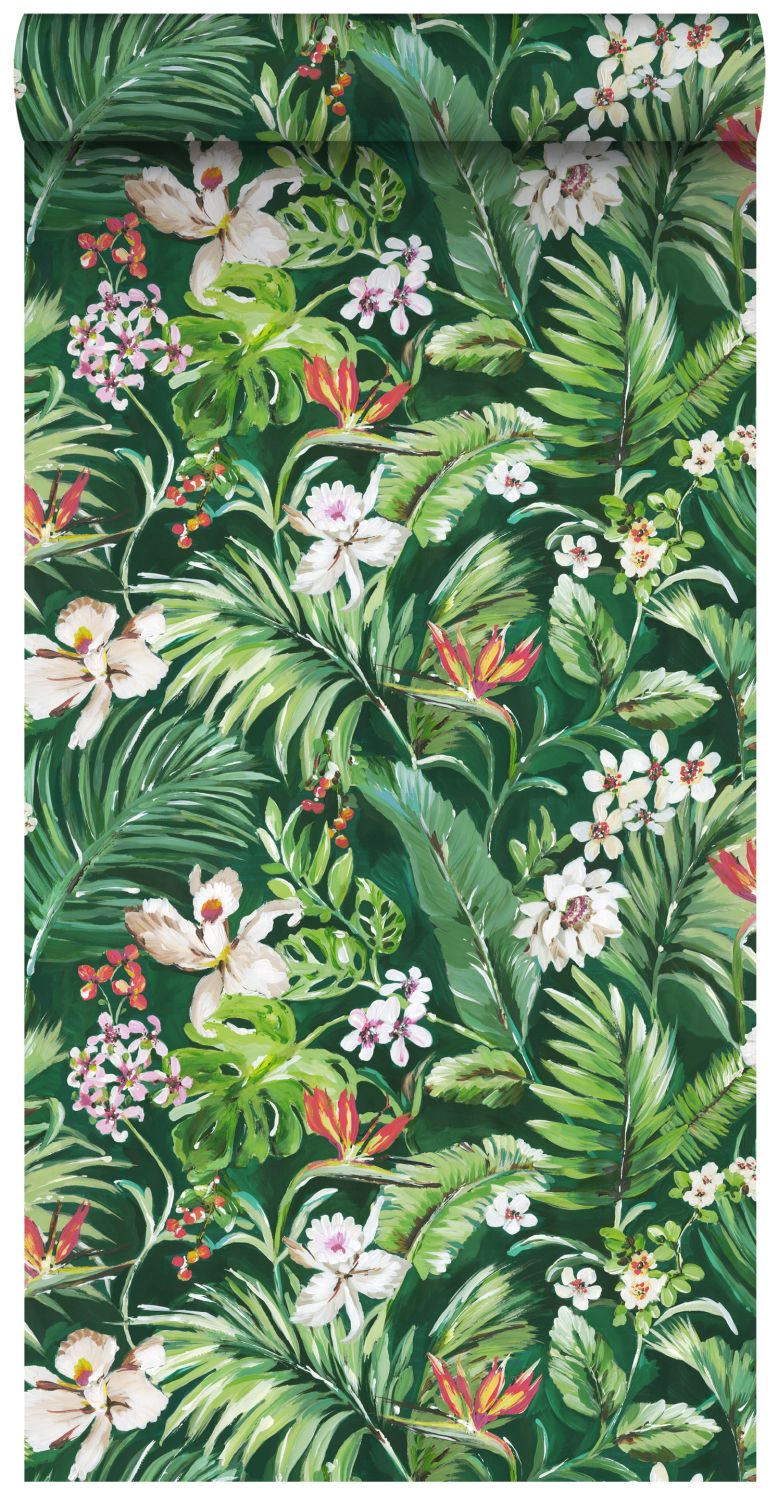 Papel pintado xxl hojas y flores tropicales verde esmeralda - 50 x 900 cm - estahome