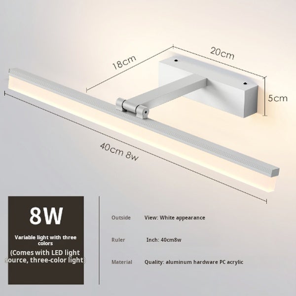 Biała lampa łazienkowa LED, lampka nocna, 3000 K/4500 K/6000 K, 3-kolorowa, 8 W, 100-265 V, regulacja góra-dół, 40 cm - 2