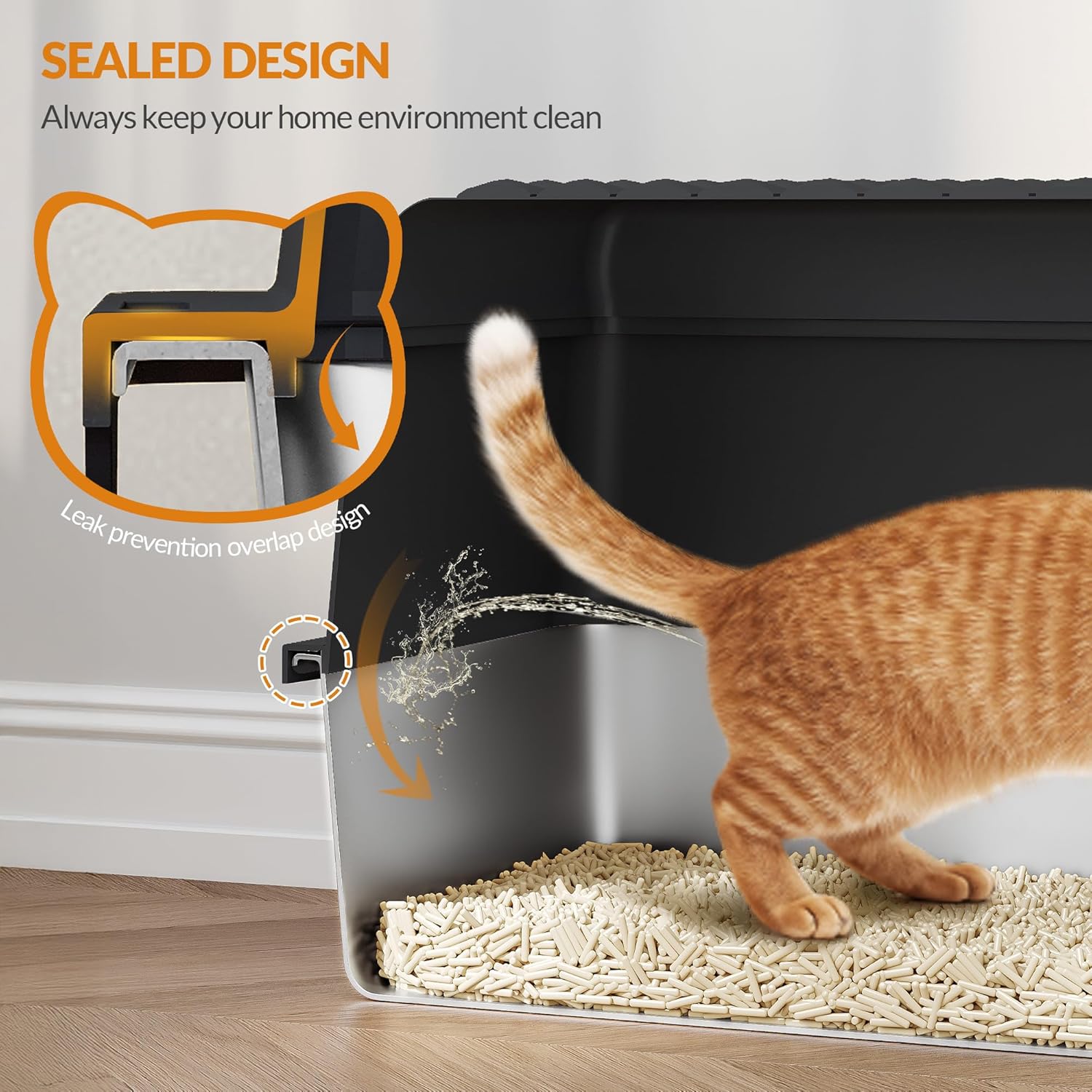 Caixa de areia para gatos em aço inoxidável com tampa, tabuleiro para areia para gatos, com pá e degrau, tampa articulada a 120°, preta. - 5
